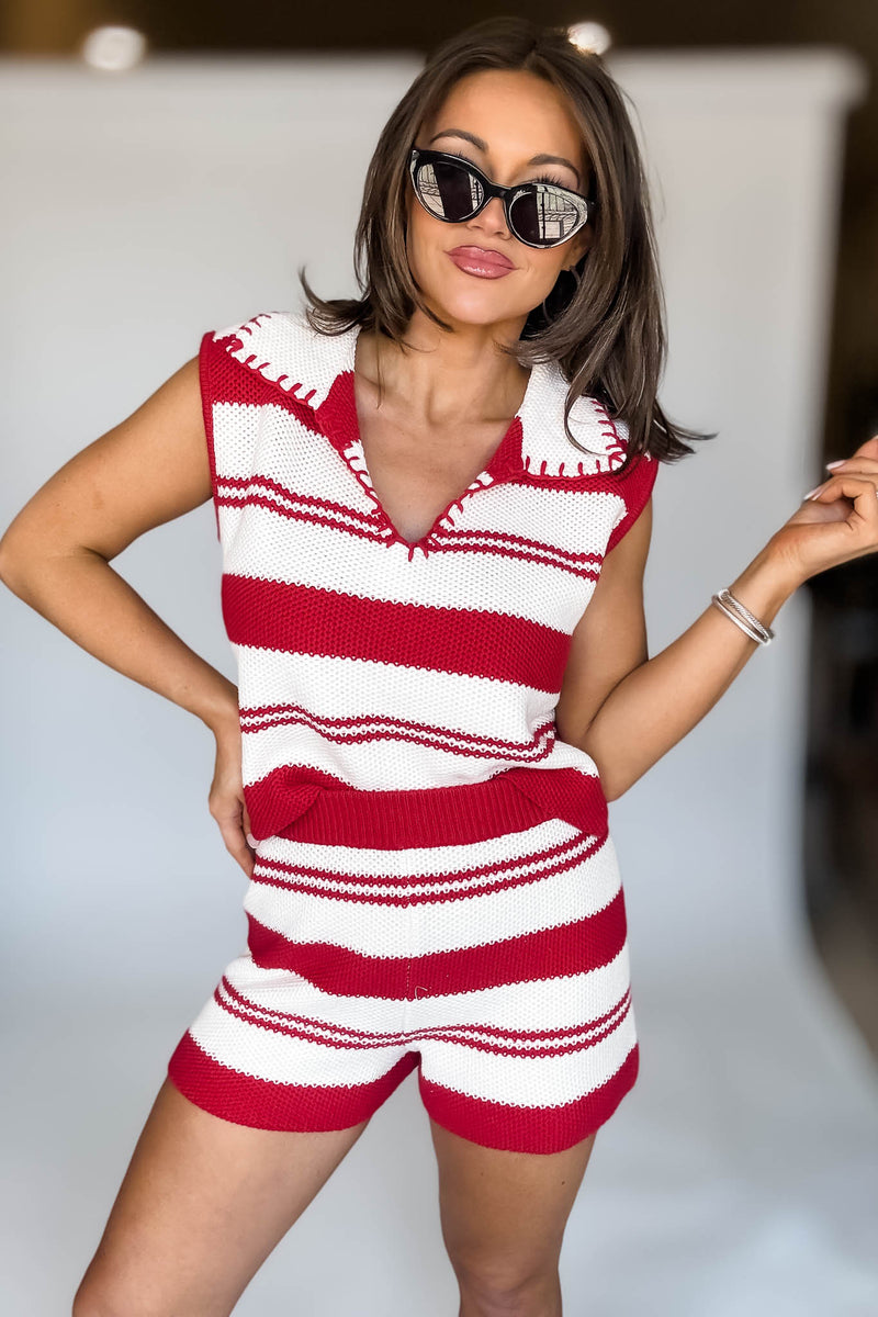 STITCH DETAIL COLLARED SWEATER TOP WITH SHORTS