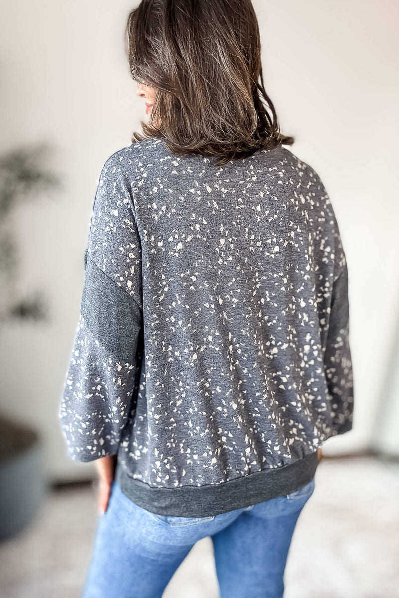 GREY HIGH NECK LONG PUFF SLEEVE KNITTED PATTERN SWEATER