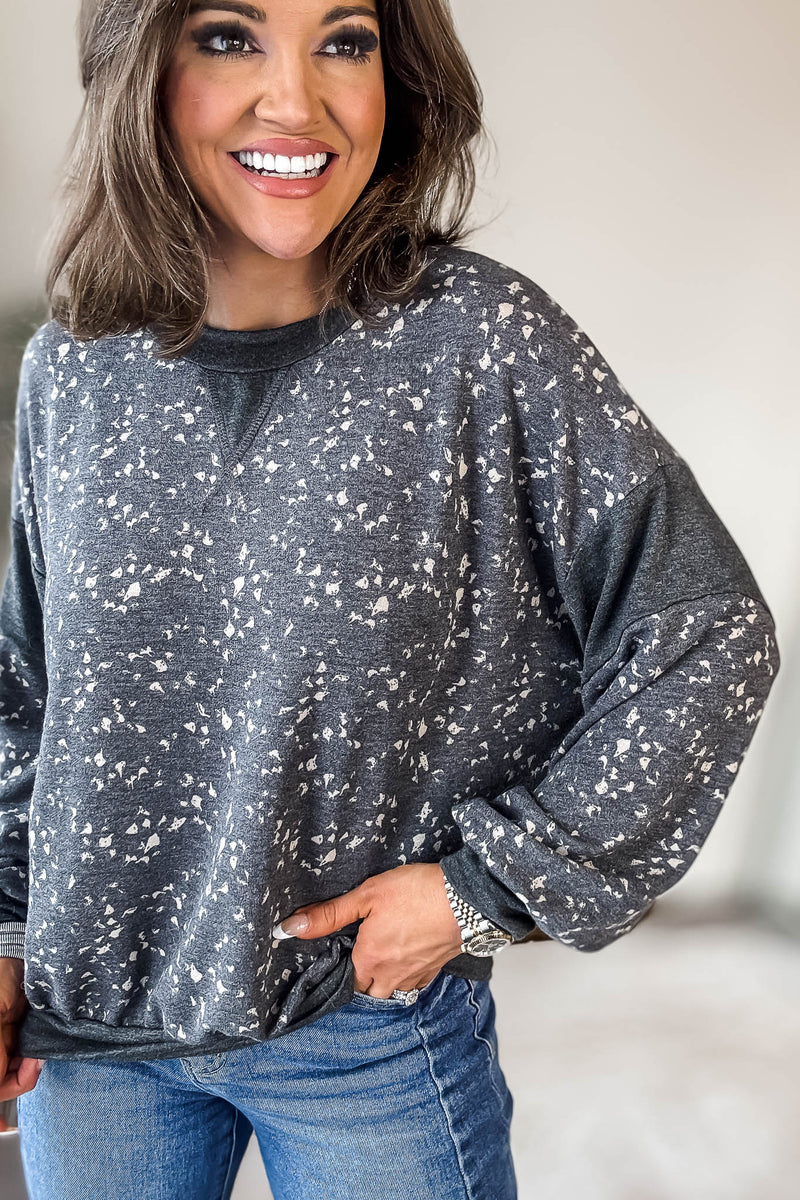 GREY HIGH NECK LONG PUFF SLEEVE KNITTED PATTERN SWEATER