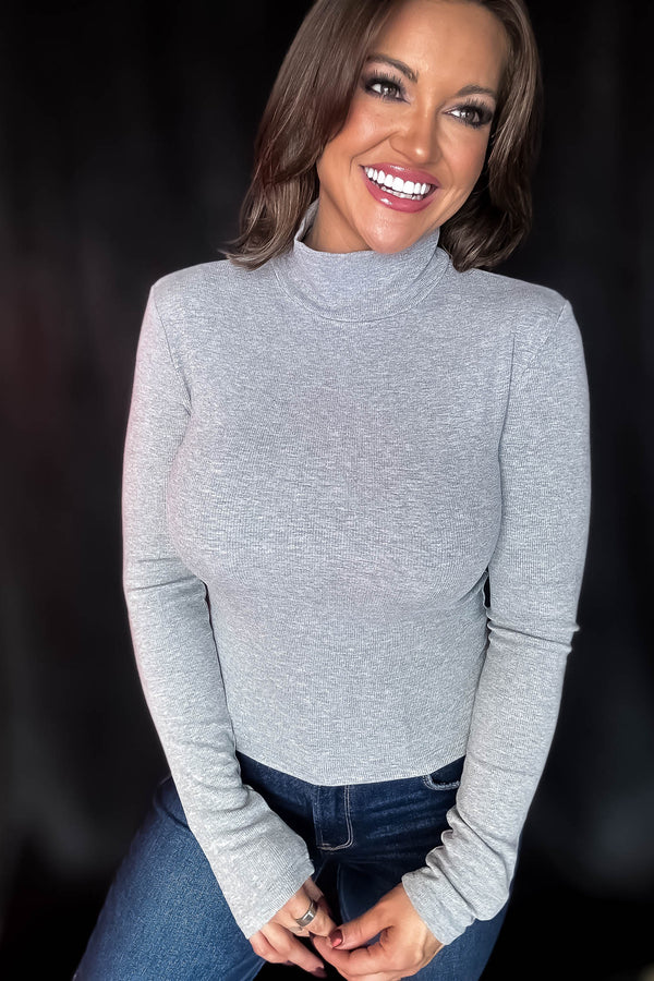 Micro Heather Grey Ribbed Long Sleeve Turtleneck