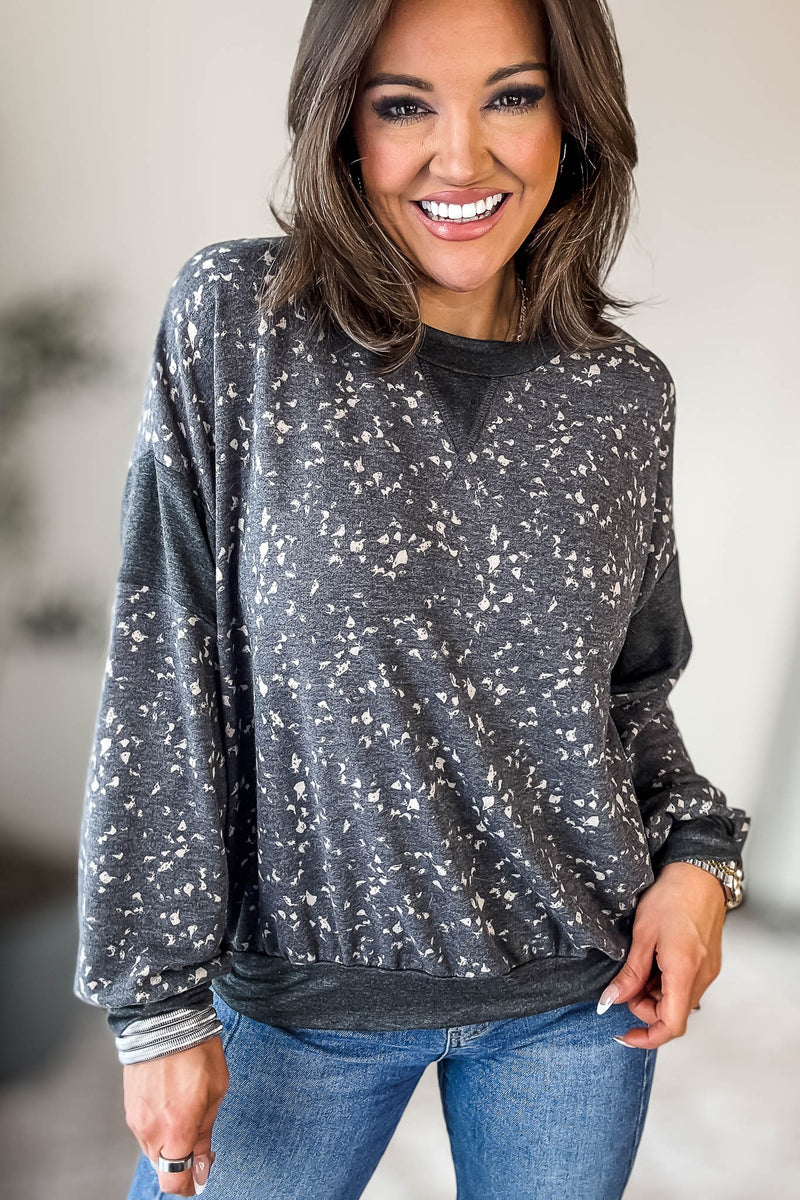 GREY HIGH NECK LONG PUFF SLEEVE KNITTED PATTERN SWEATER