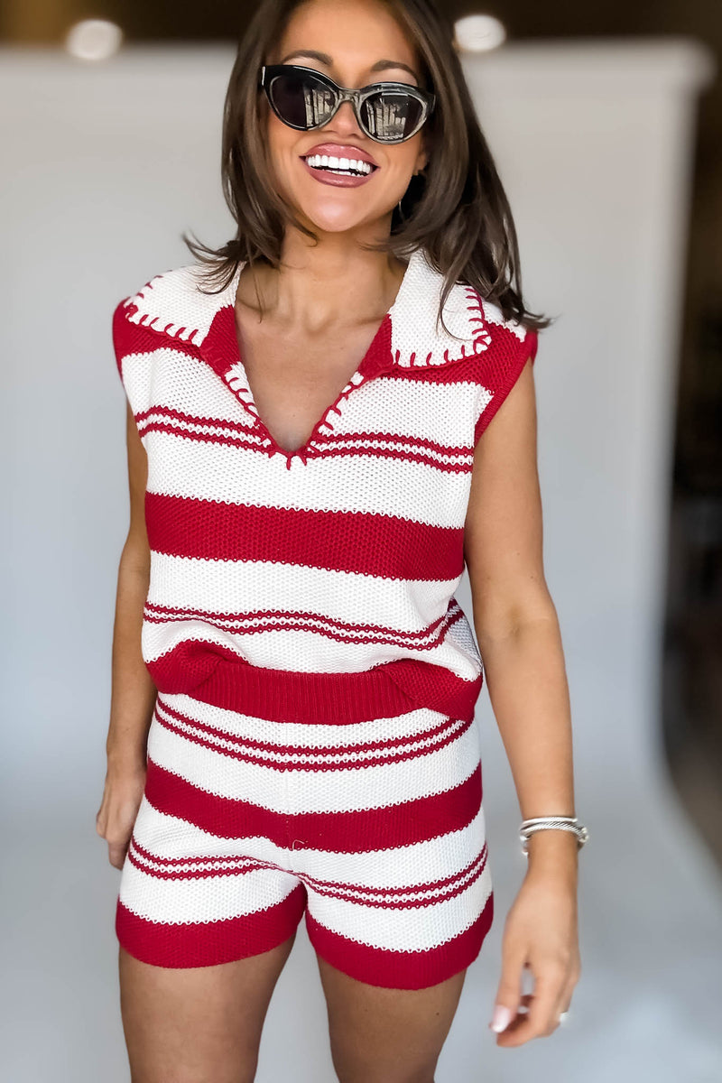 STITCH DETAIL COLLARED SWEATER TOP WITH SHORTS