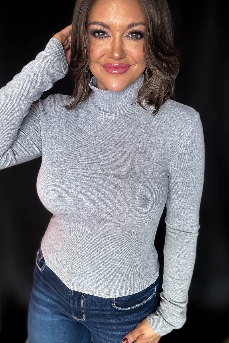 Micro Heather Grey Ribbed Long Sleeve Turtleneck