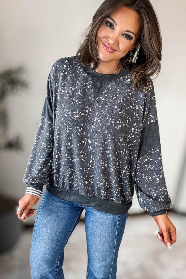 GREY HIGH NECK LONG PUFF SLEEVE KNITTED PATTERN SWEATER