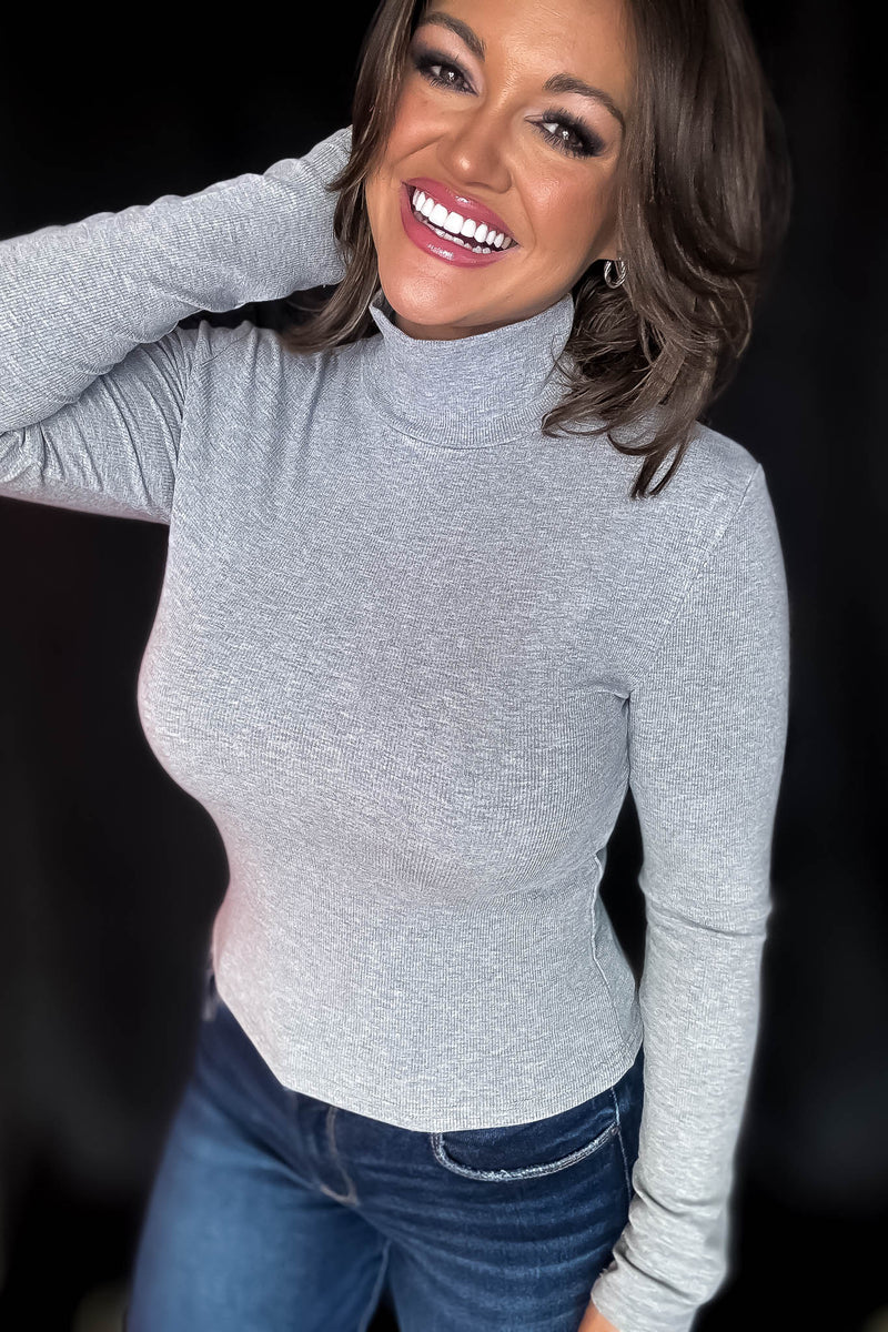 Micro Heather Grey Ribbed Long Sleeve Turtleneck