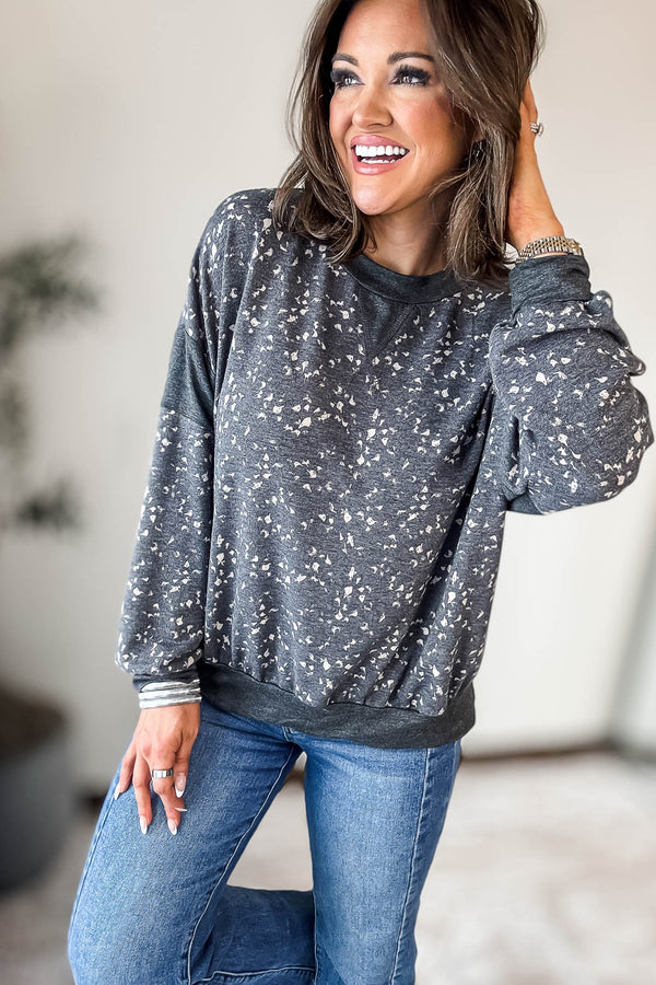 GREY HIGH NECK LONG PUFF SLEEVE KNITTED PATTERN SWEATER