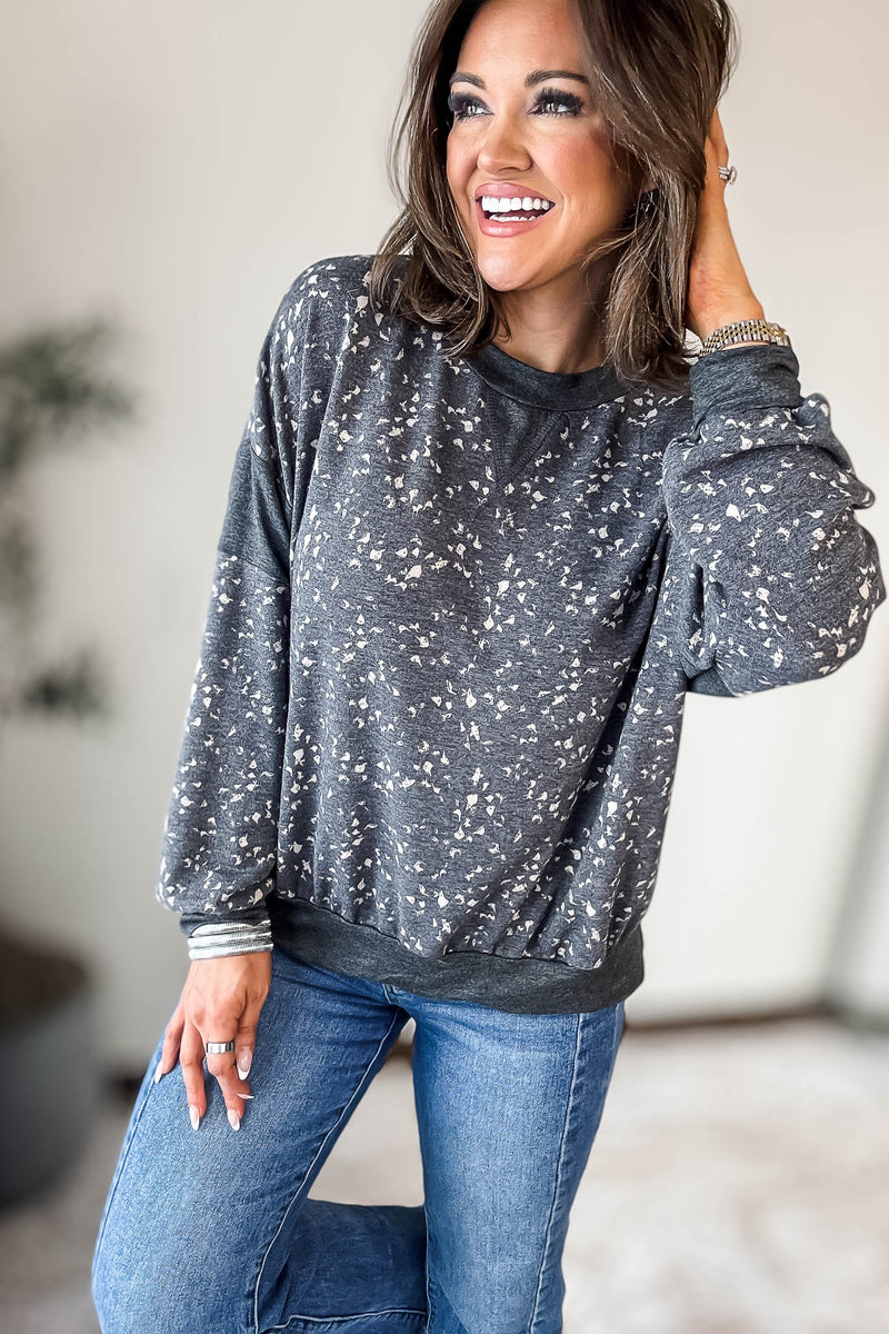 GREY HIGH NECK LONG PUFF SLEEVE KNITTED PATTERN SWEATER