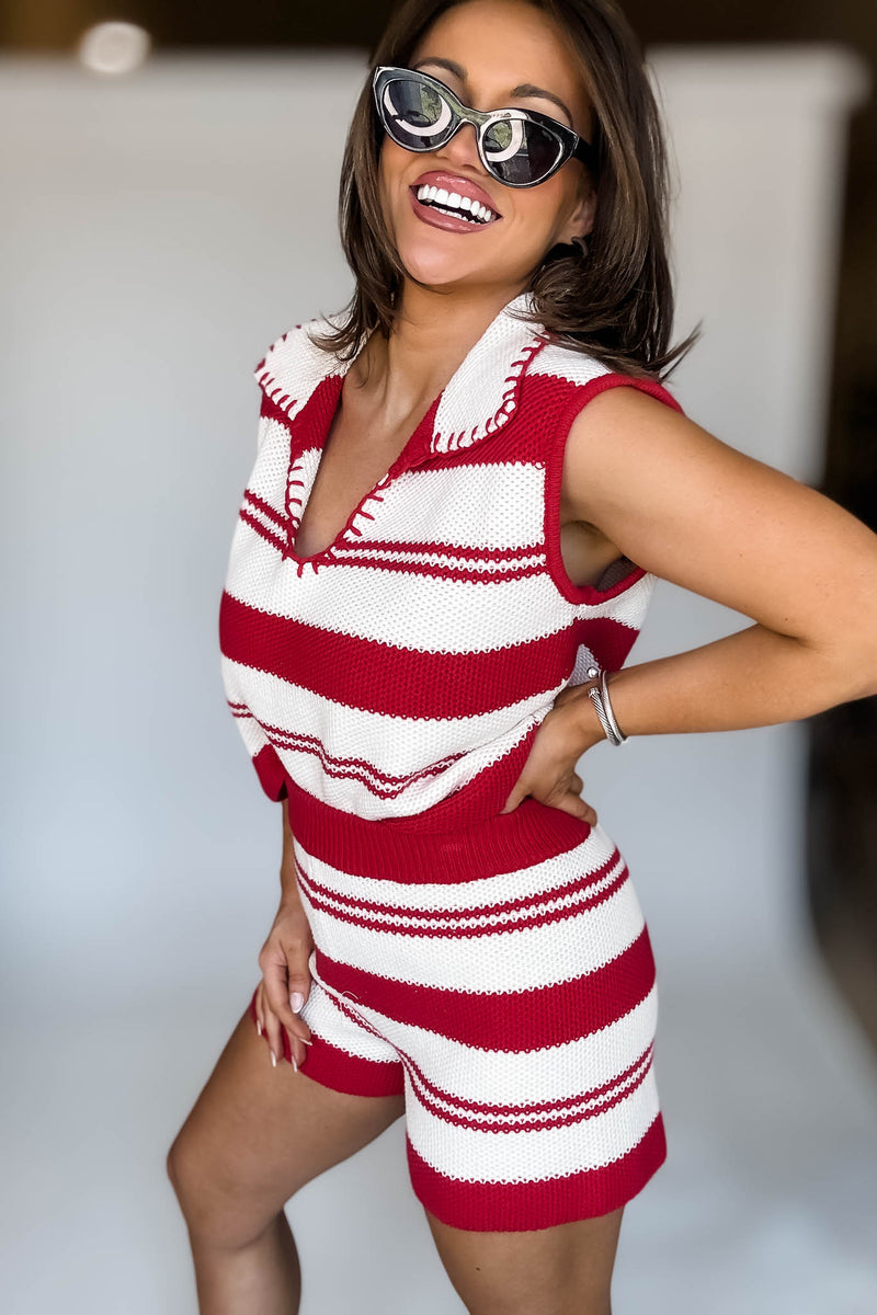 STITCH DETAIL COLLARED SWEATER TOP WITH SHORTS