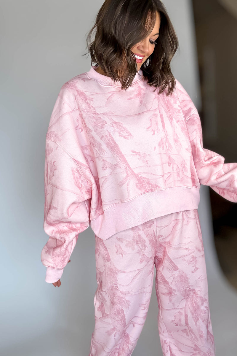 TCEC Pink Camouflage Print Dropped Shoulders Sweatshirt