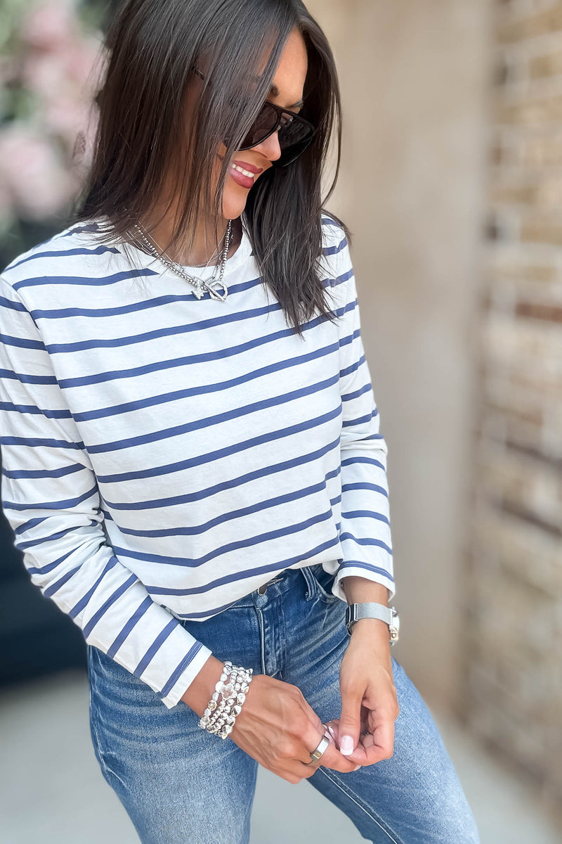 Without A Doubt Ivory And Blue Round Neck Stripe Long Sleeve Tee