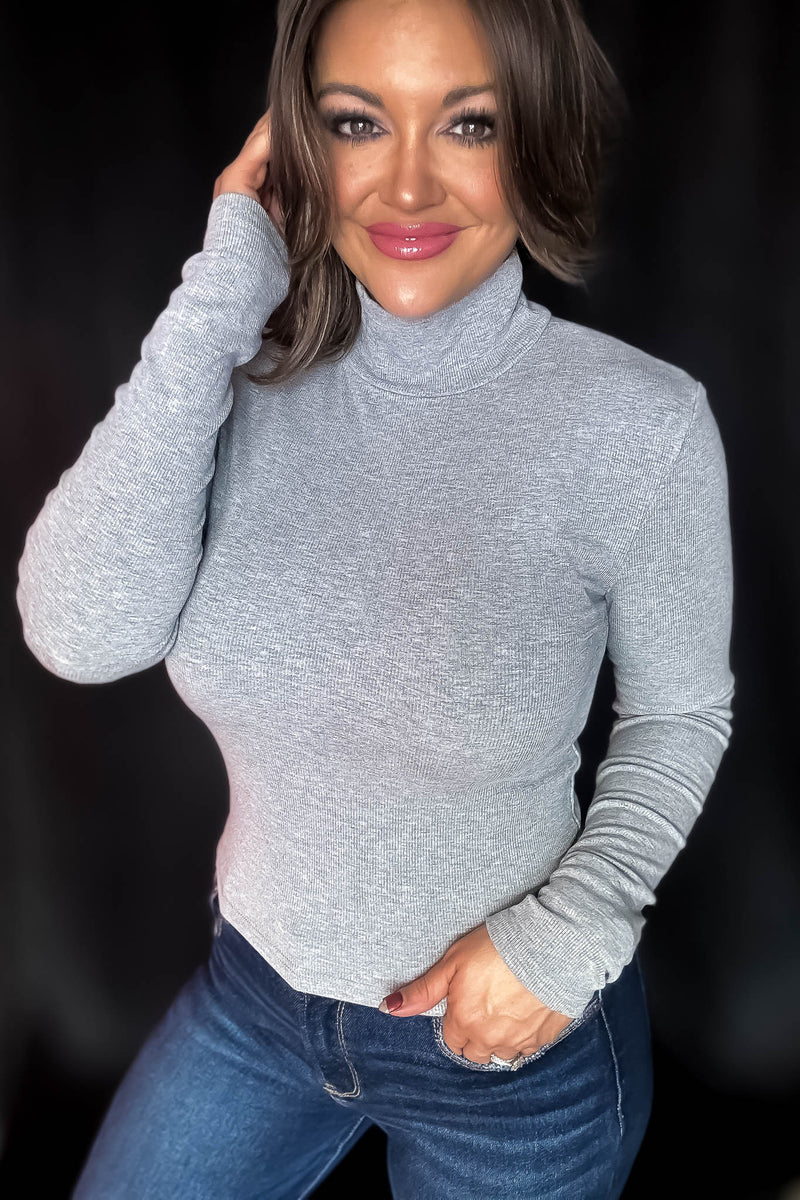 Micro Heather Grey Ribbed Long Sleeve Turtleneck