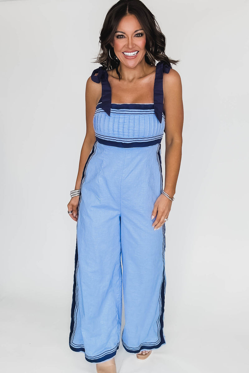 Periwinkle Linen Mix Chevron Sail Shoulder Strap Jumpsuit
