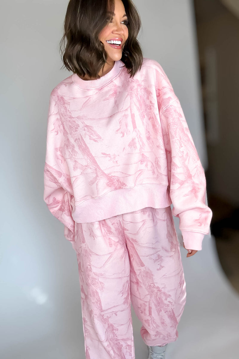 TCEC Pink Camouflage Print Dropped Shoulders Sweatshirt