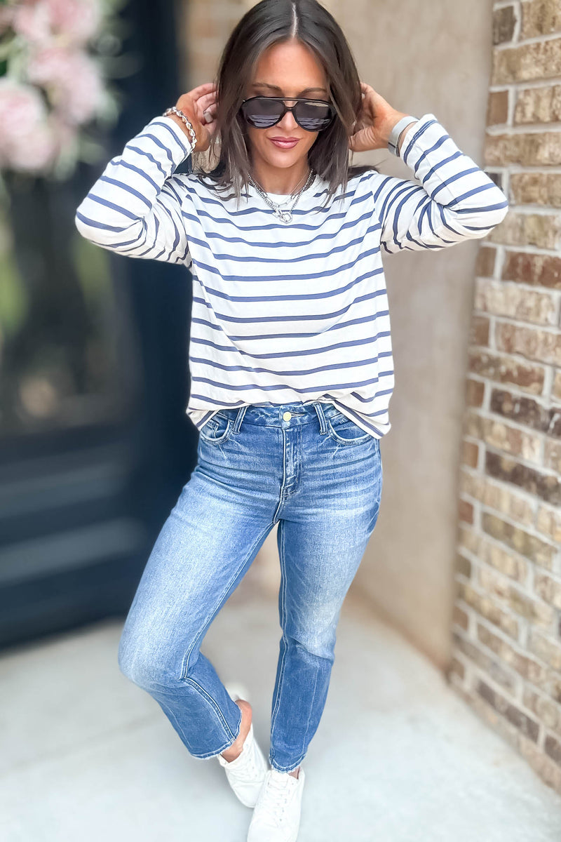 Without A Doubt Ivory And Blue Round Neck Stripe Long Sleeve Tee