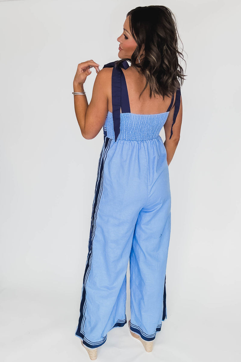 Periwinkle Linen Mix Chevron Sail Shoulder Strap Jumpsuit