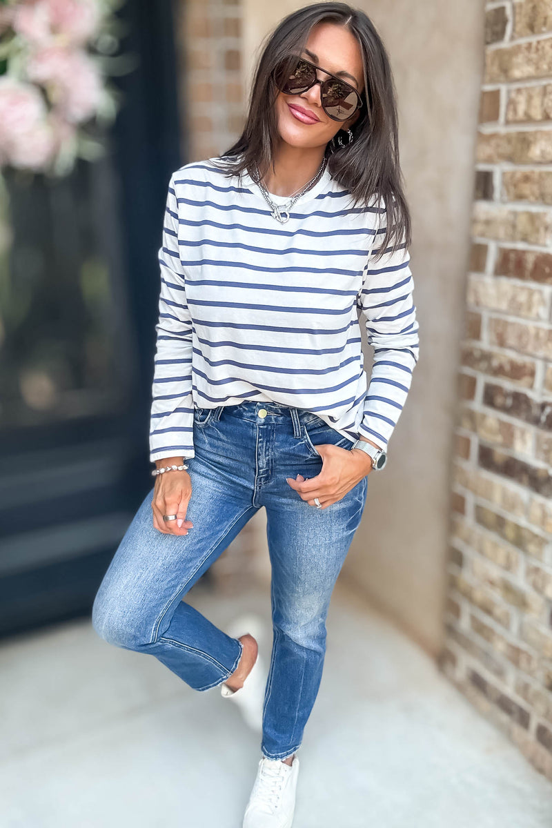 Without A Doubt Ivory And Blue Round Neck Stripe Long Sleeve Tee