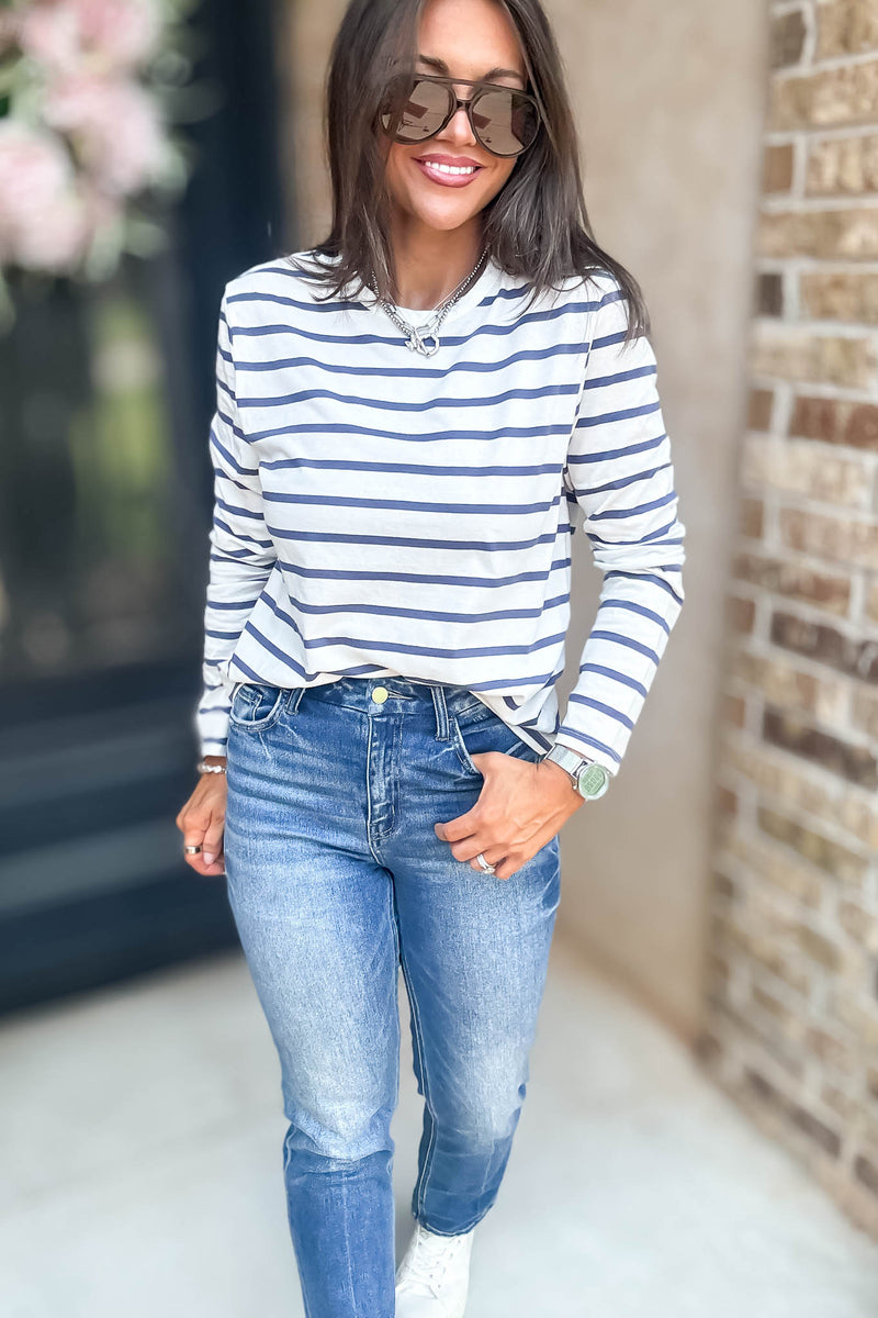Without A Doubt Ivory And Blue Round Neck Stripe Long Sleeve Tee