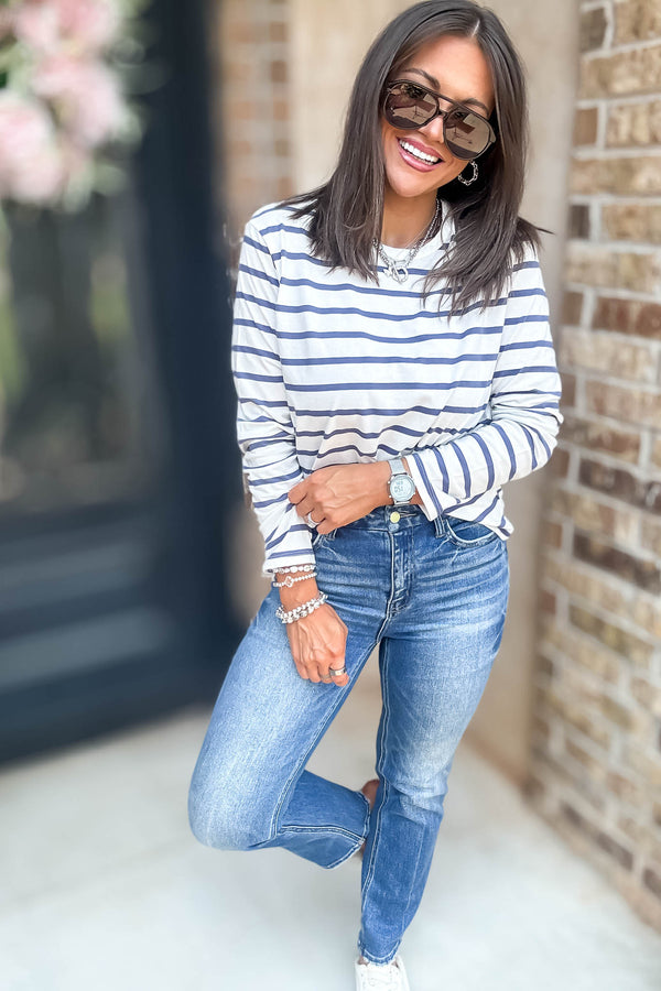 Without A Doubt Ivory And Blue Round Neck Stripe Long Sleeve Tee