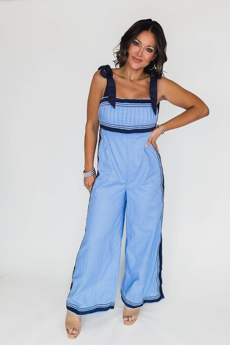 Periwinkle Linen Mix Chevron Sail Shoulder Strap Jumpsuit