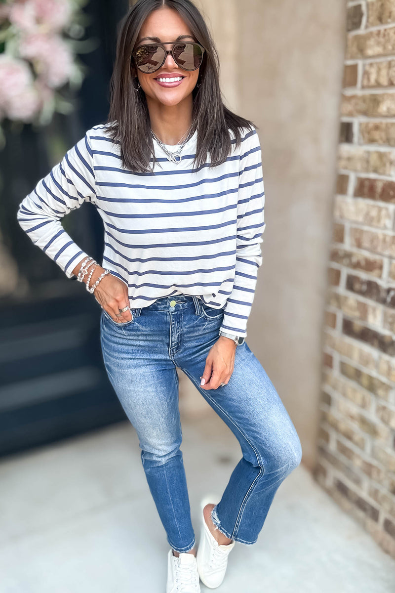 Without A Doubt Ivory And Blue Round Neck Stripe Long Sleeve Tee