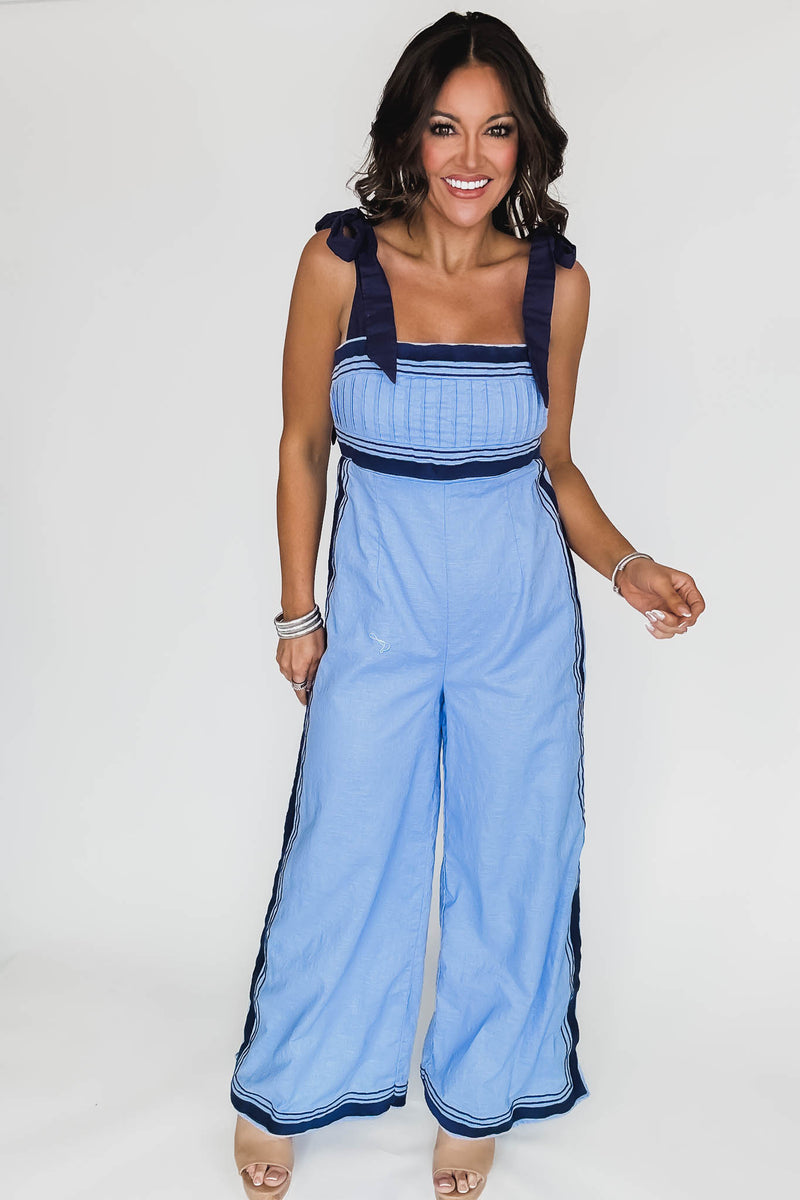 Periwinkle Linen Mix Chevron Sail Shoulder Strap Jumpsuit