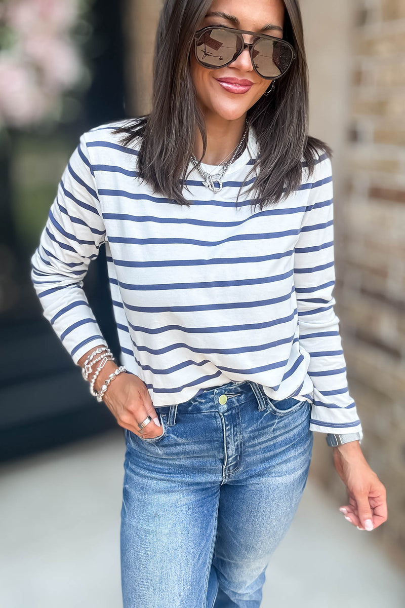 Without A Doubt Ivory And Blue Round Neck Stripe Long Sleeve Tee
