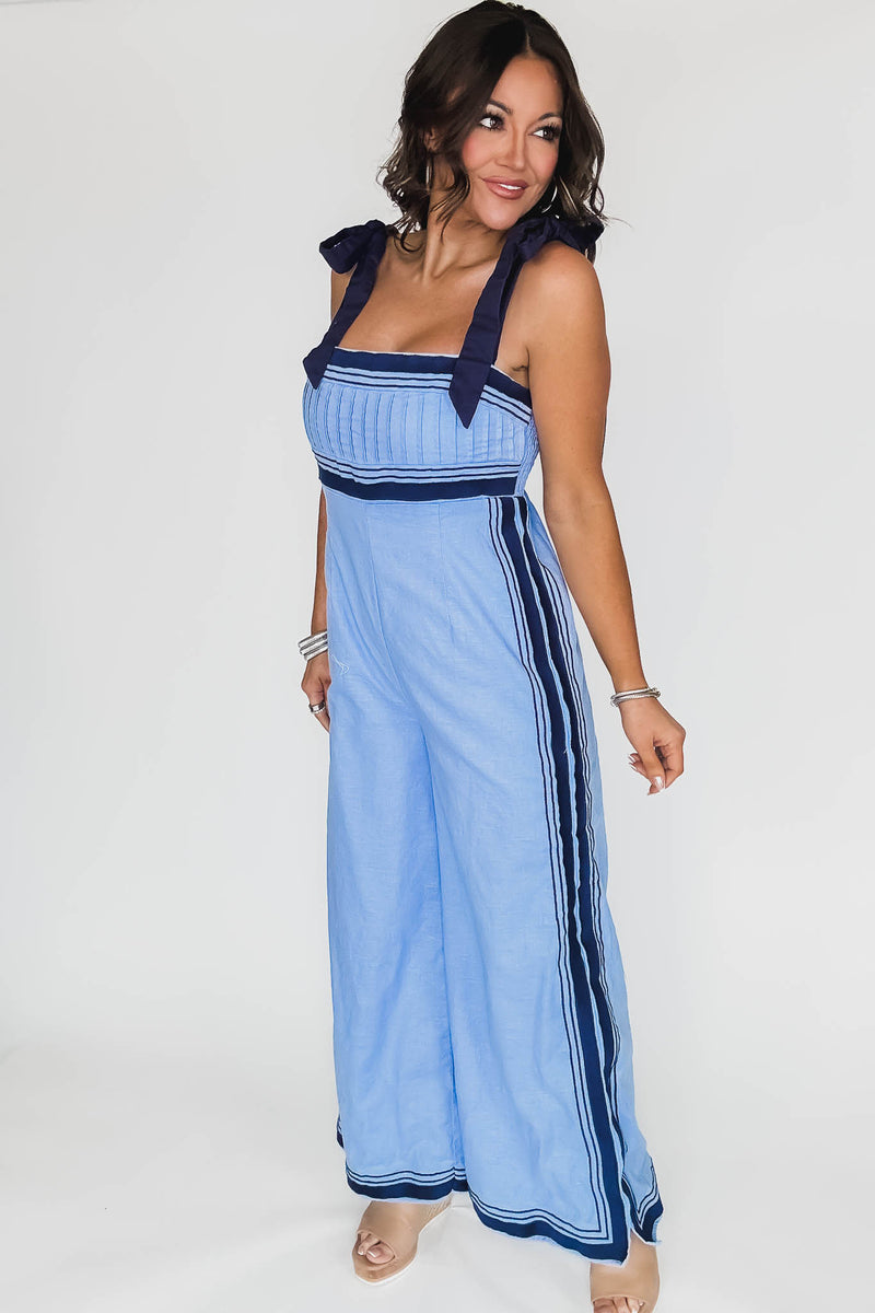 Periwinkle Linen Mix Chevron Sail Shoulder Strap Jumpsuit