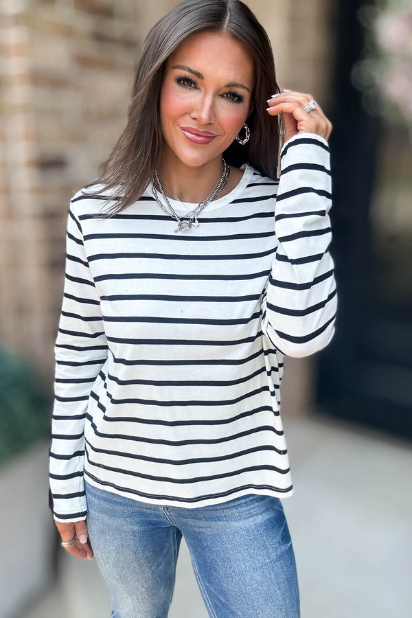 Without A Doubt Ivory And Black Round Neck Stripe Long Sleeve Tee