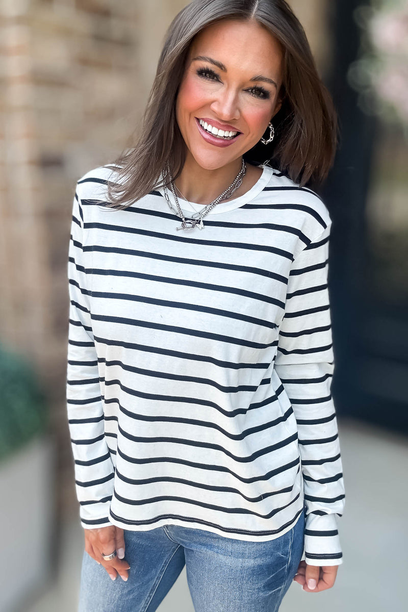 Without A Doubt Ivory And Black Round Neck Stripe Long Sleeve Tee