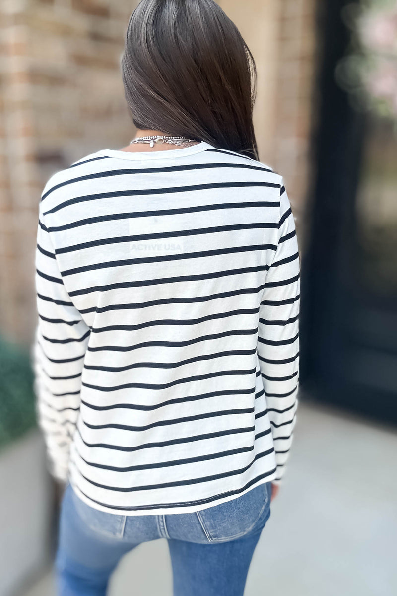 Without A Doubt Ivory And Black Round Neck Stripe Long Sleeve Tee