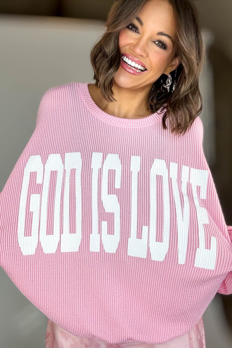 Bucketlist Pink 'God Is Love' Ribbed Oversized Lightweight Graphic Sweatshirt