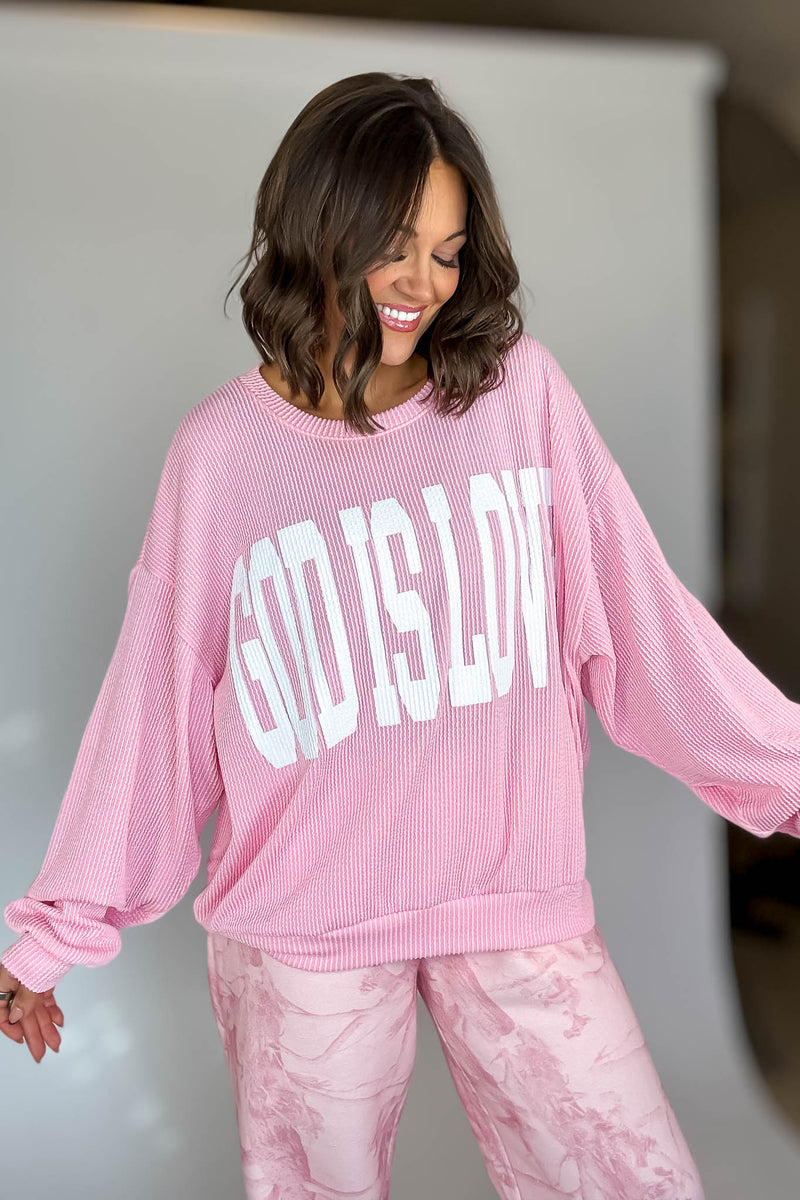 Bucketlist Pink 'God Is Love' Ribbed Oversized Lightweight Graphic Sweatshirt