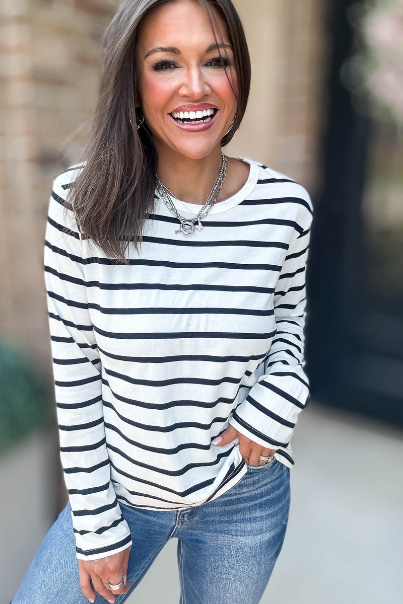 Without A Doubt Ivory And Black Round Neck Stripe Long Sleeve Tee