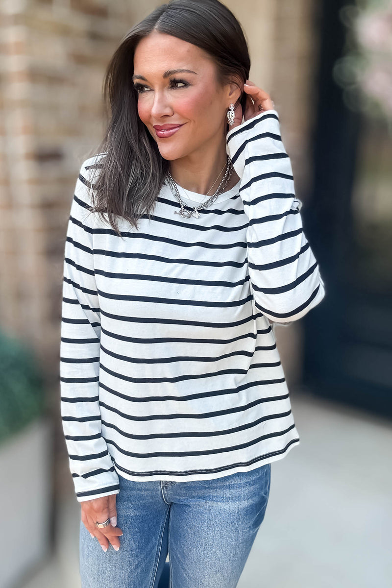 Without A Doubt Ivory And Black Round Neck Stripe Long Sleeve Tee