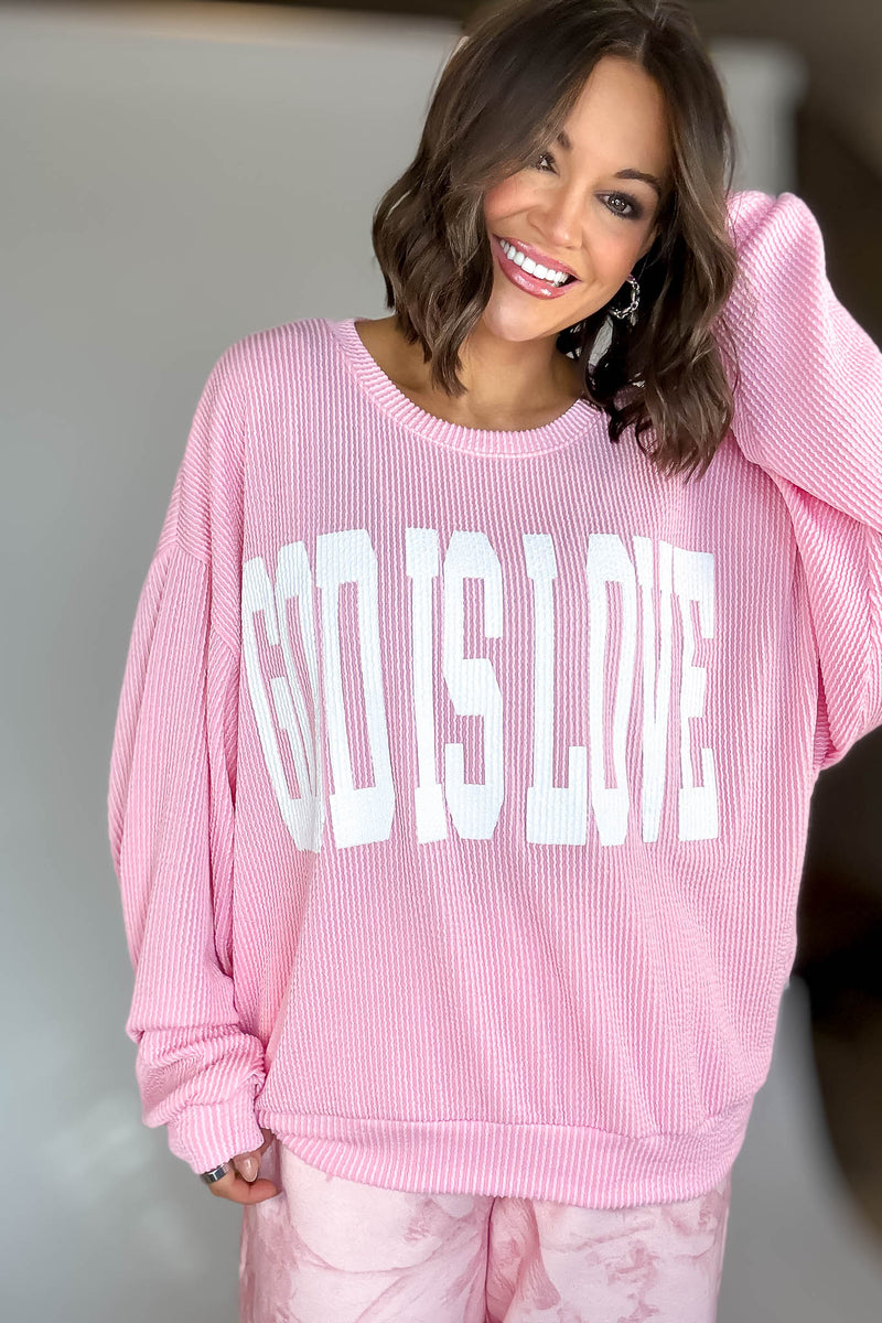 Bucketlist Pink 'God Is Love' Ribbed Oversized Lightweight Graphic Sweatshirt