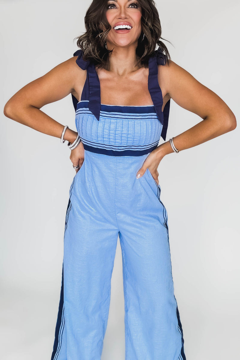 Periwinkle Linen Mix Chevron Sail Shoulder Strap Jumpsuit