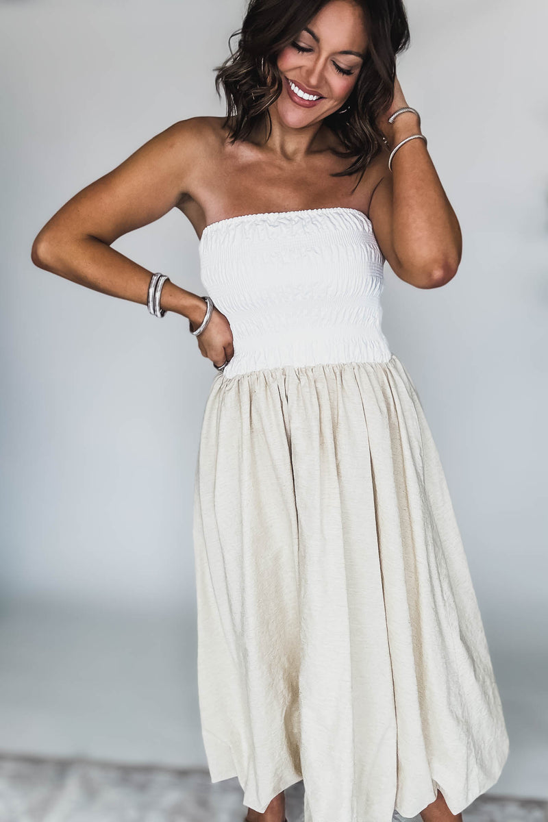 Off White Linen Strapless Smocked Bodice Balloon Skirt Midi Tube Dress