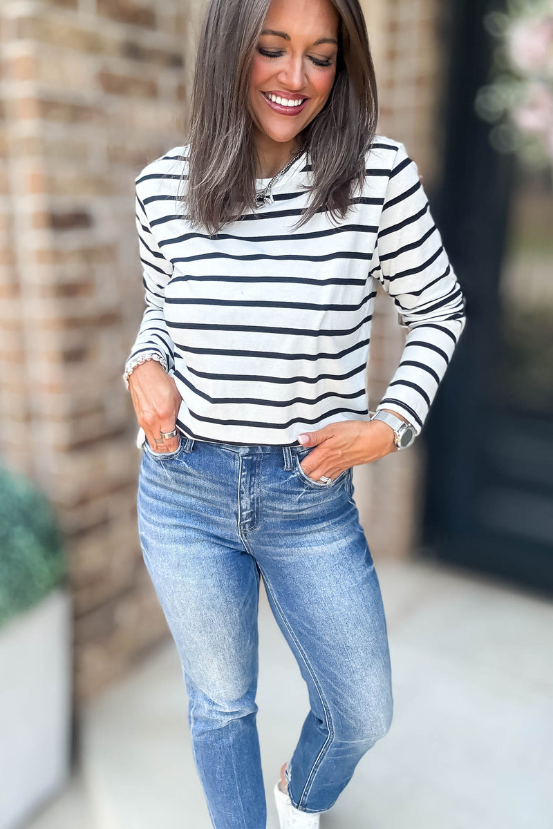 Without A Doubt Ivory And Black Round Neck Stripe Long Sleeve Tee