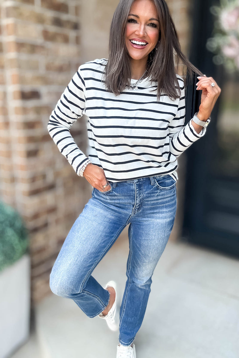 Without A Doubt Ivory And Black Round Neck Stripe Long Sleeve Tee