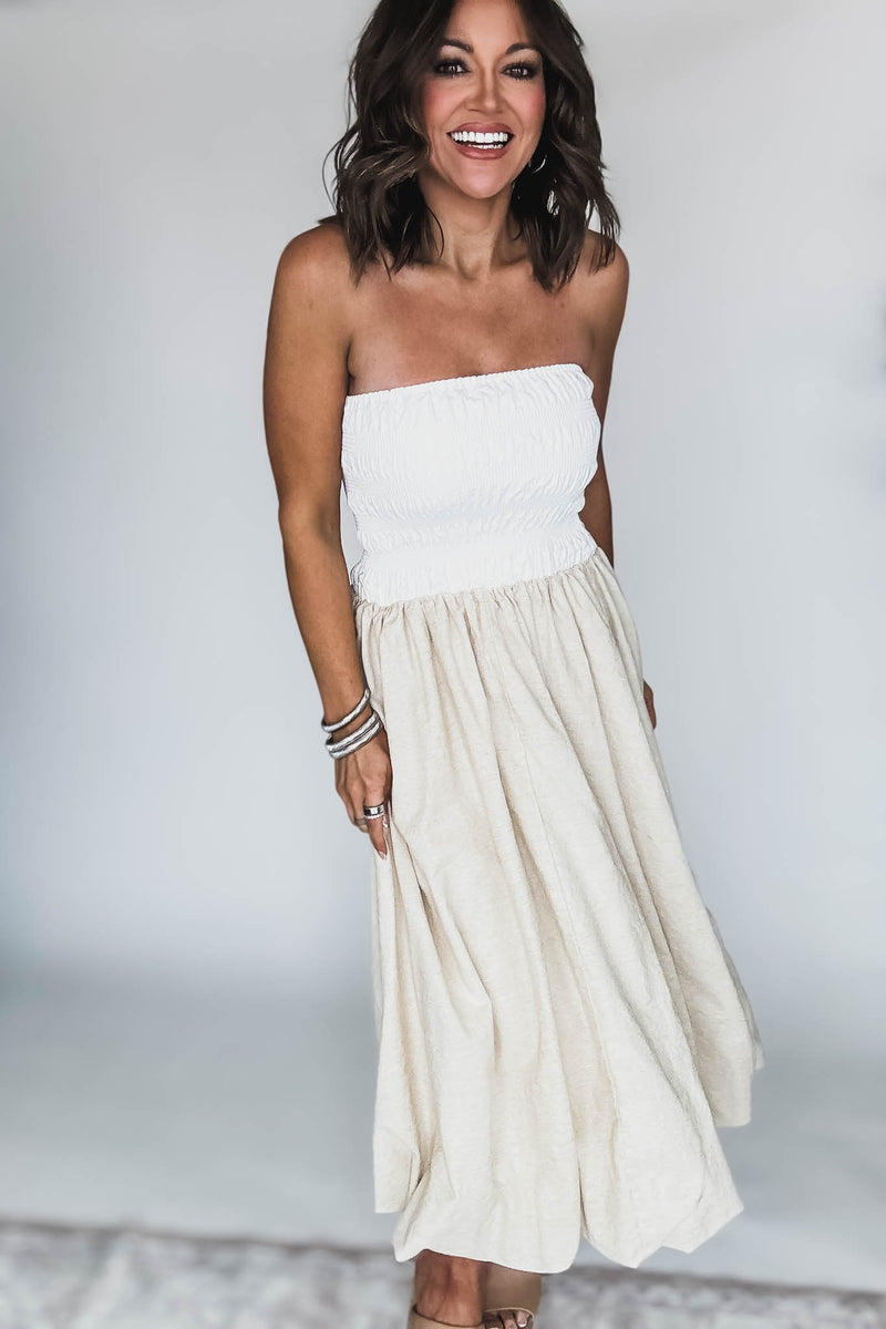 Off White Linen Strapless Smocked Bodice Balloon Skirt Midi Tube Dress