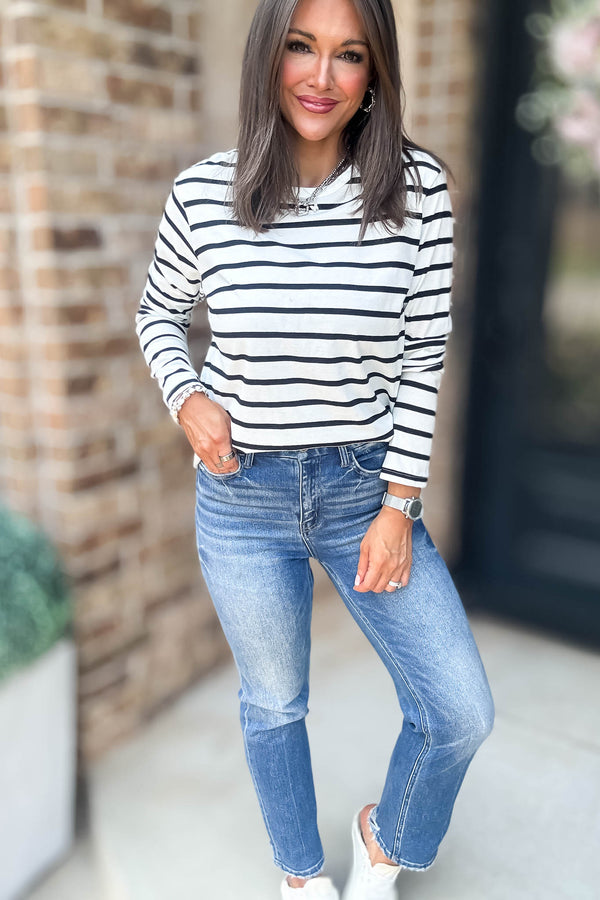 Without A Doubt Ivory And Black Round Neck Stripe Long Sleeve Tee