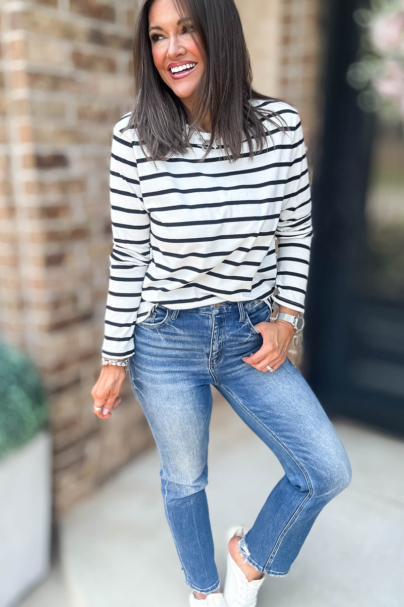Without A Doubt Ivory And Black Round Neck Stripe Long Sleeve Tee