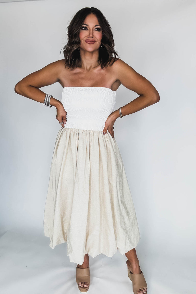Off White Linen Strapless Smocked Bodice Balloon Skirt Midi Tube Dress