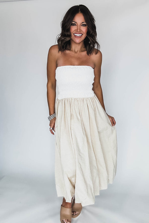 Off White Linen Strapless Smocked Bodice Balloon Skirt Midi Tube Dress