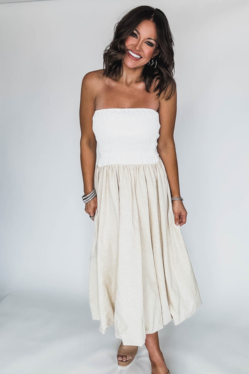 Off White Linen Strapless Smocked Bodice Balloon Skirt Midi Tube Dress