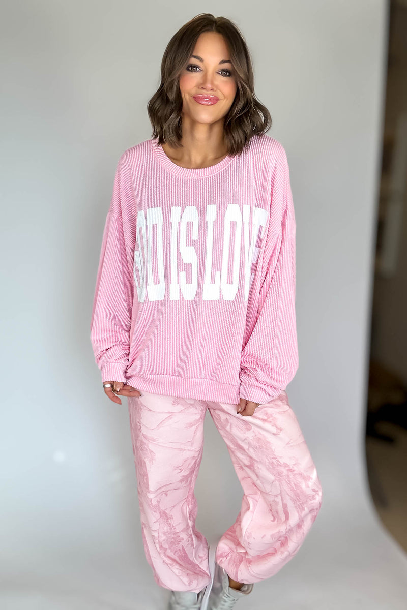 Bucketlist Pink 'God Is Love' Ribbed Oversized Lightweight Graphic Sweatshirt