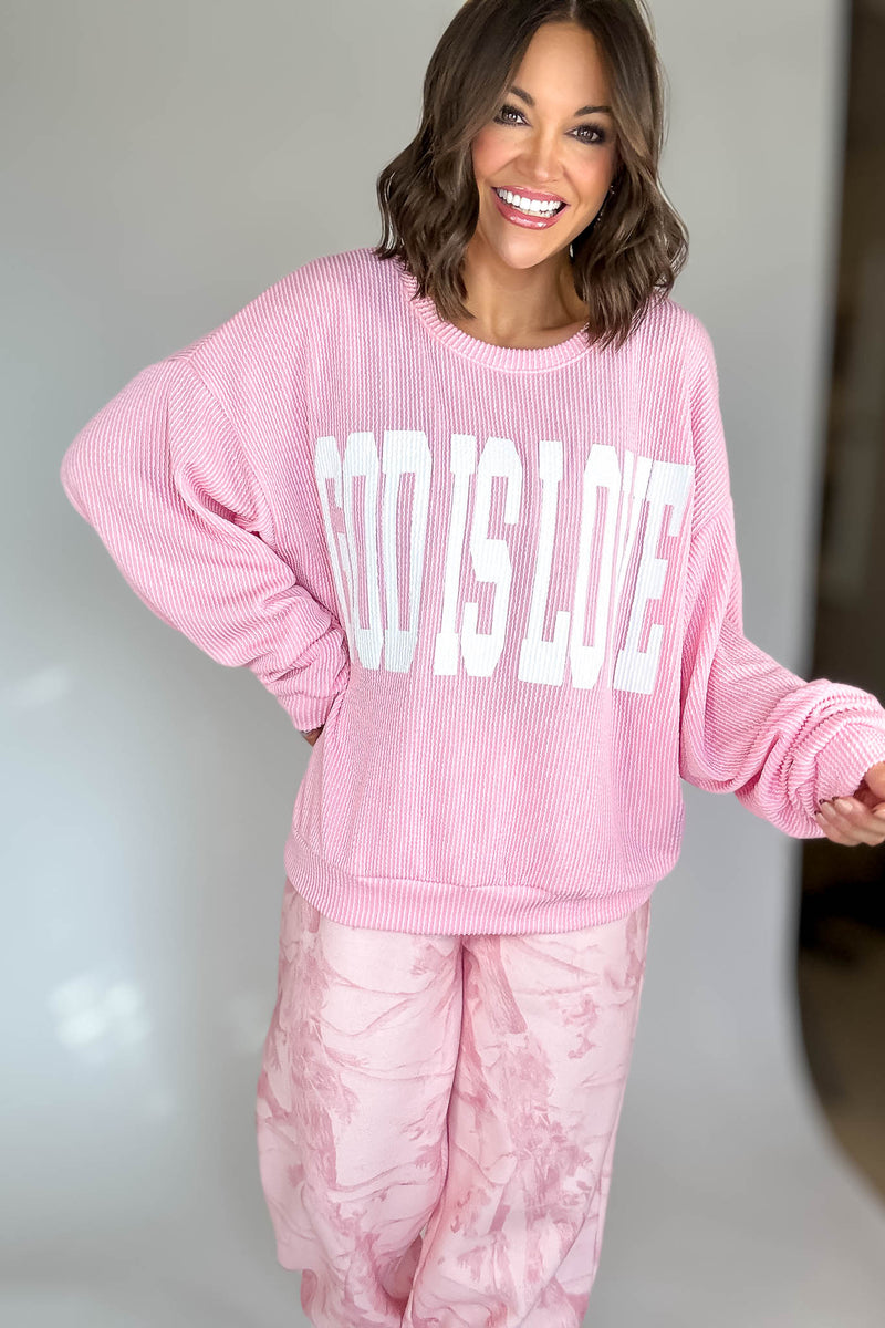 Bucketlist Pink 'God Is Love' Ribbed Oversized Lightweight Graphic Sweatshirt