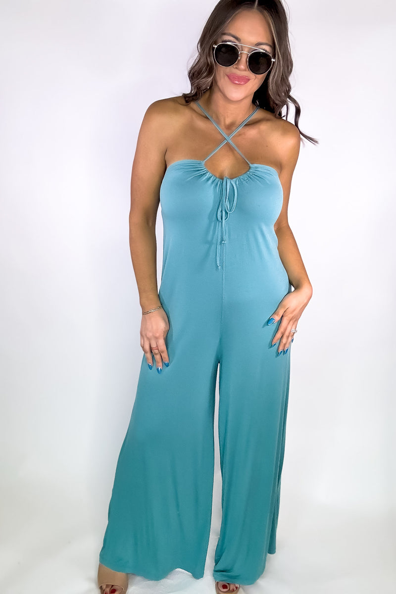 Criss Cross Grey Teal Jumpsuit