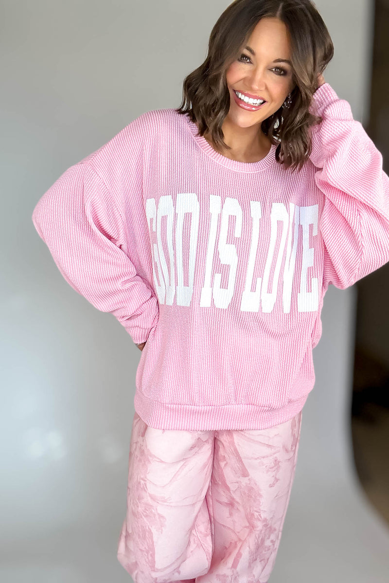 Bucketlist Pink 'God Is Love' Ribbed Oversized Lightweight Graphic Sweatshirt