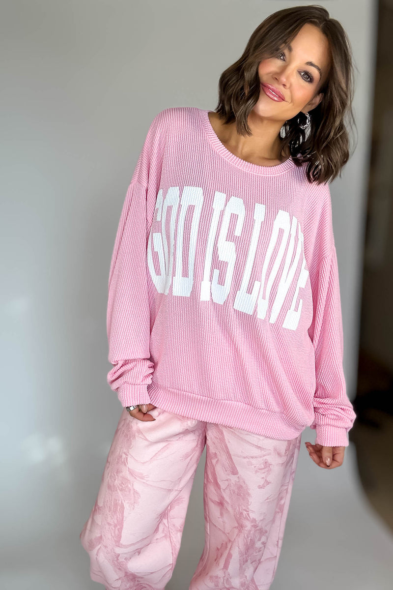 Bucketlist Pink 'God Is Love' Ribbed Oversized Lightweight Graphic Sweatshirt